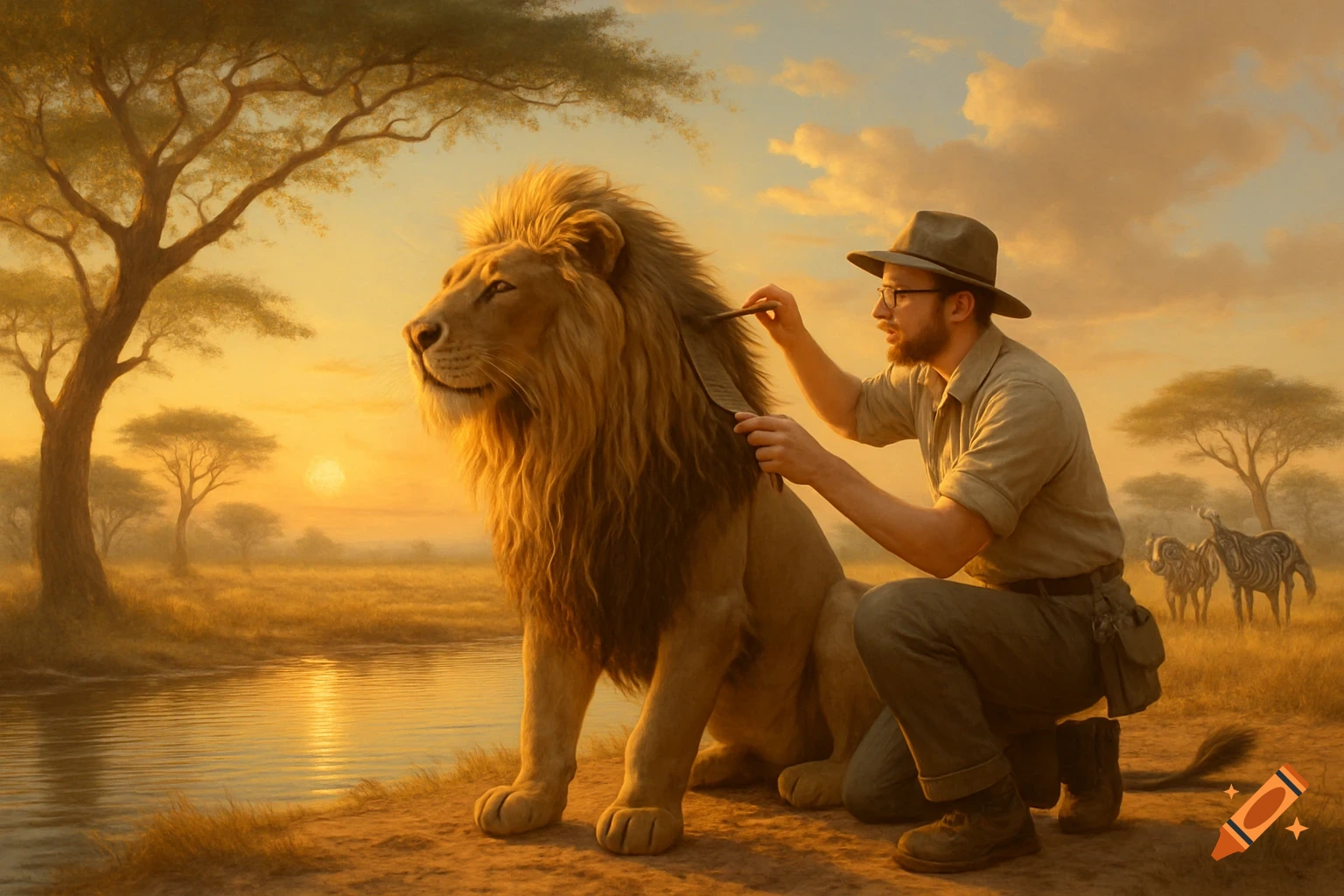 A man gently grooms a majestic lion in a golden savanna at sunset, with a river and distant zebras.