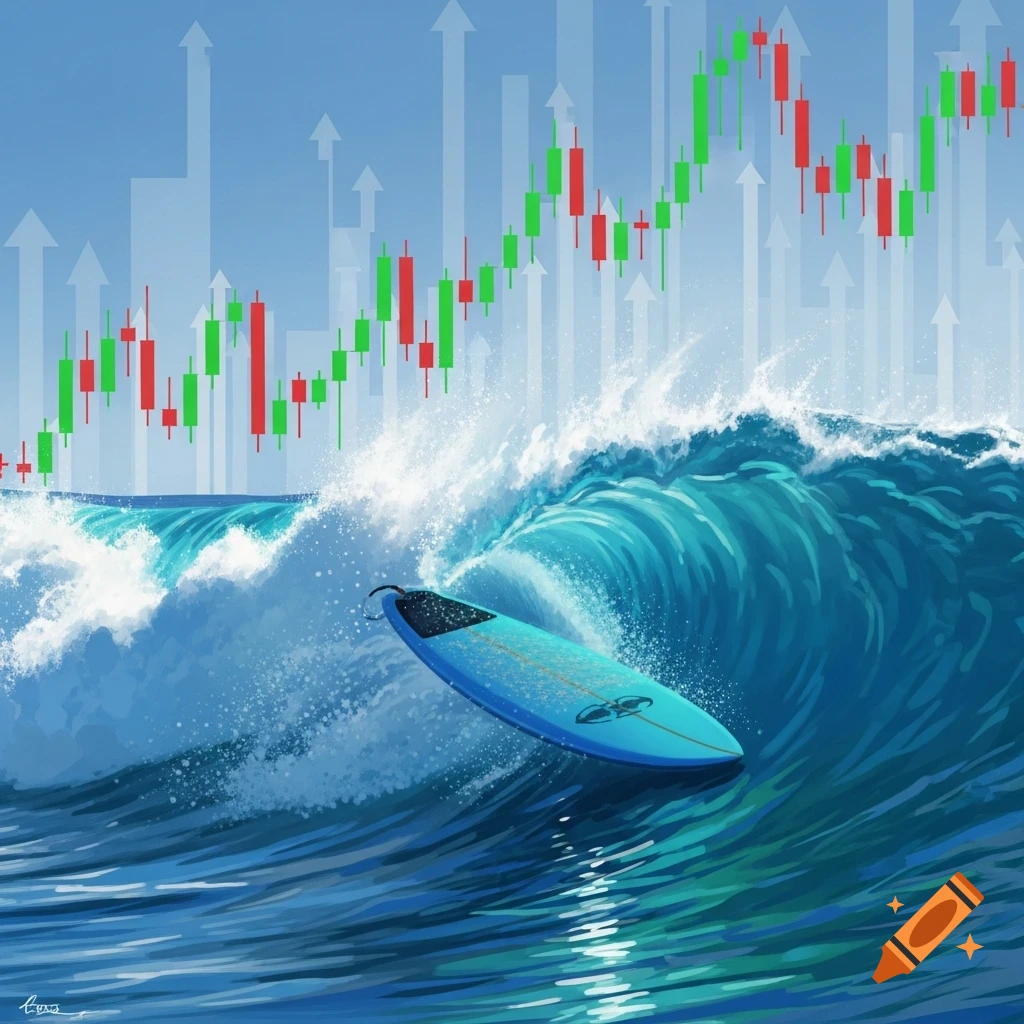 An illustration of a blue surfboard riding a large ocean wave, with green and red stock market candles and upward arrows in the sky.