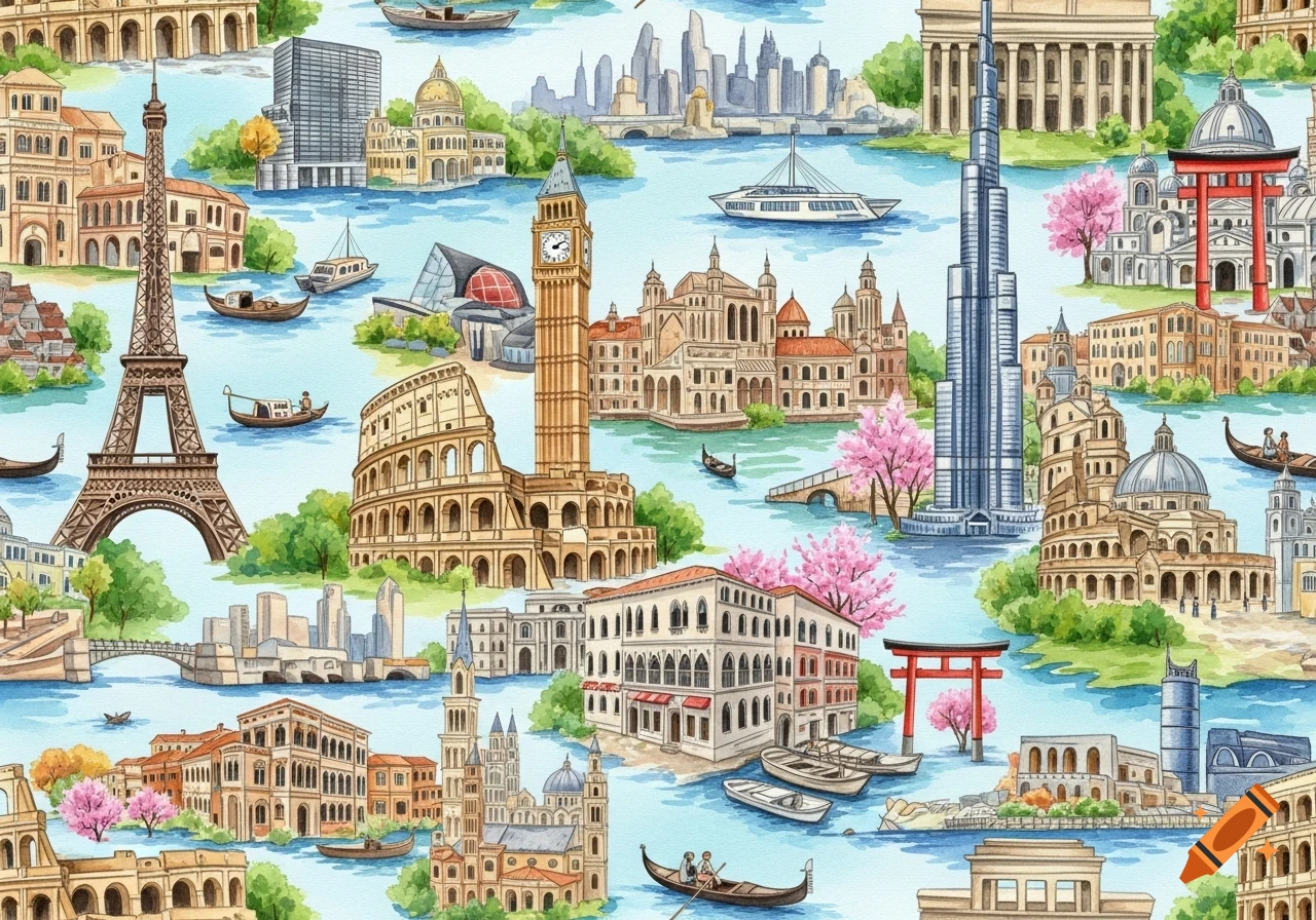 Watercolor illustration of famous world city landmarks like the Eiffel Tower, Colosseum, and Big Ben, amidst water and cherry blossoms.