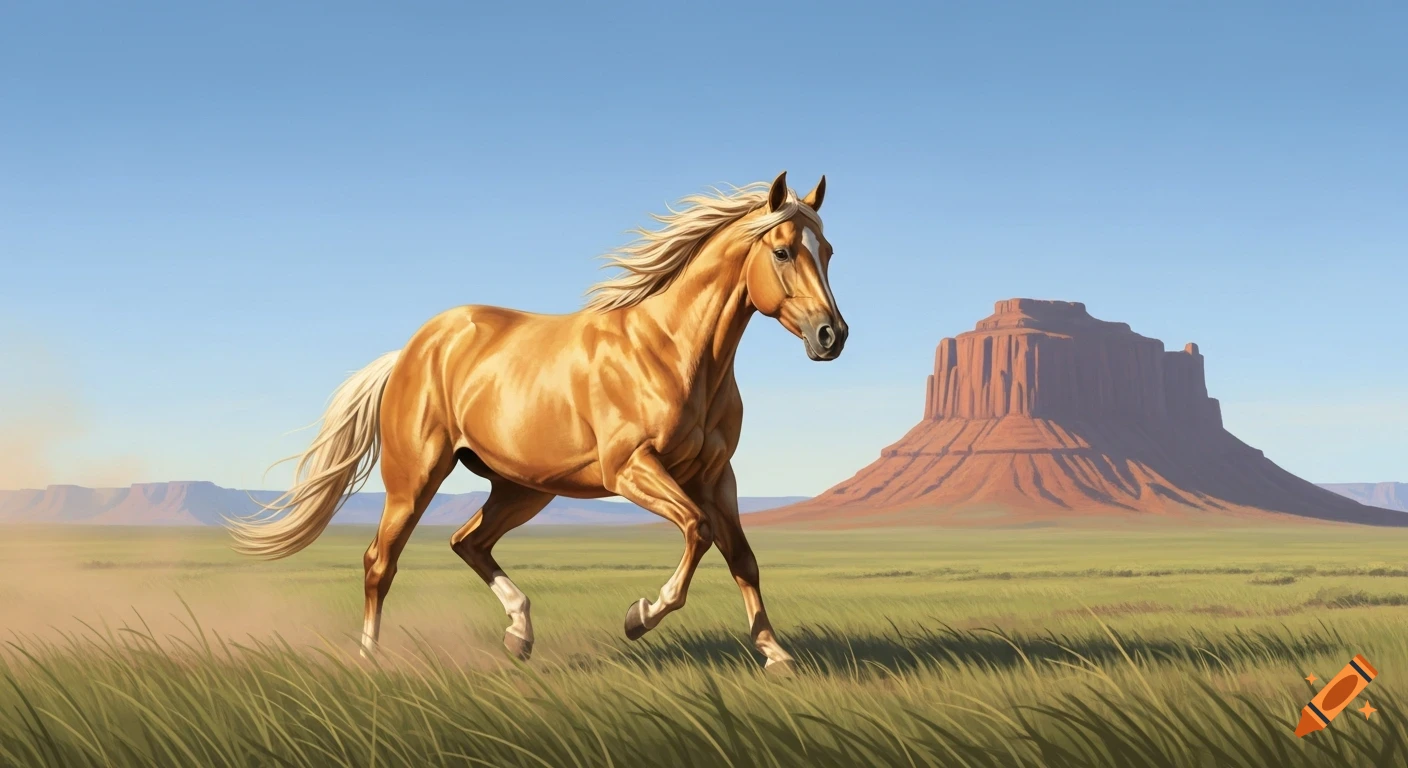 A realistic buckskin horse gallops across a green plain with a large mesa in the background under a clear blue sky.