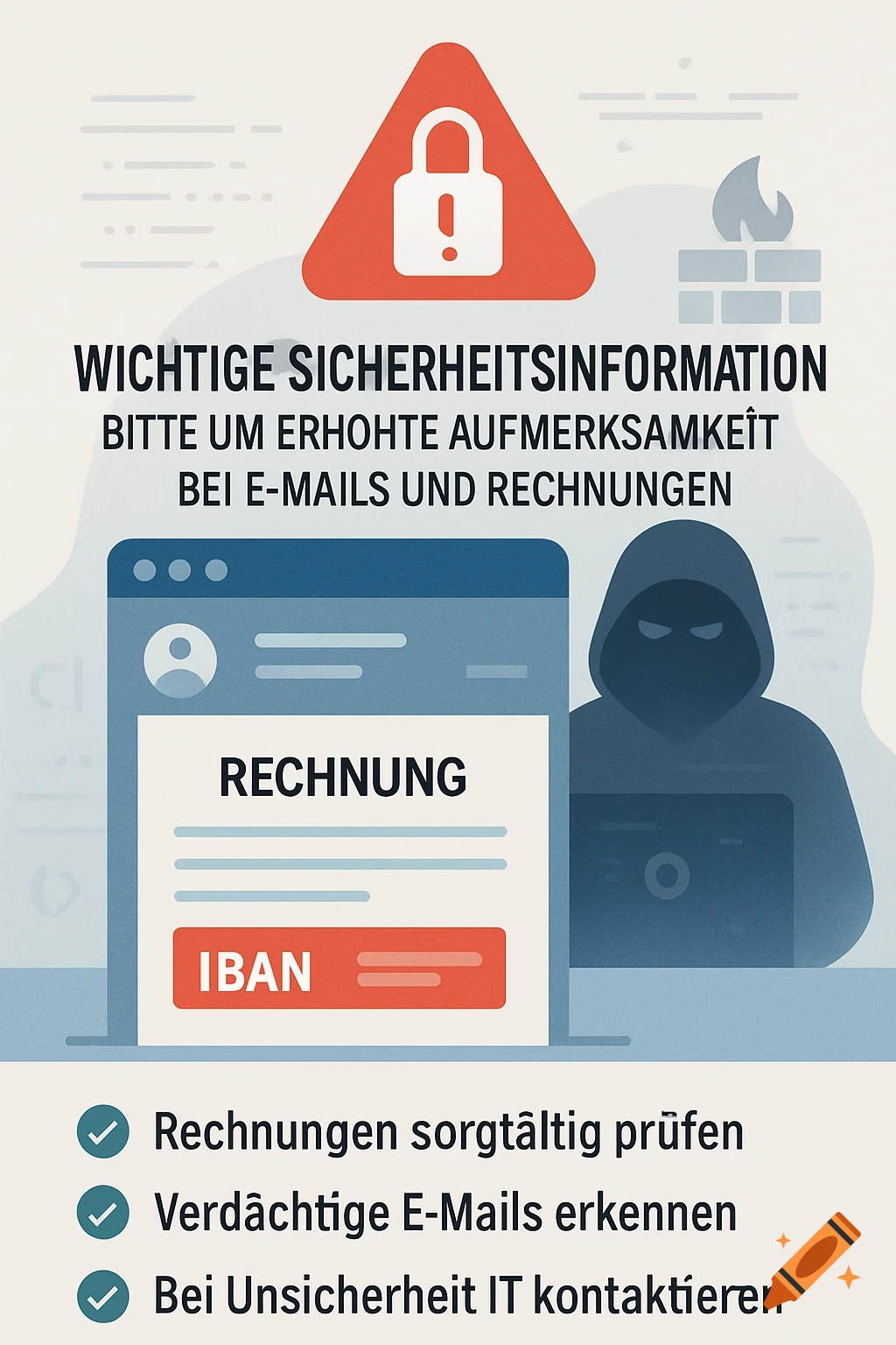 Flat illustration warning about cybersecurity, fake emails, and invoices with a lock, hacker, and checklist.