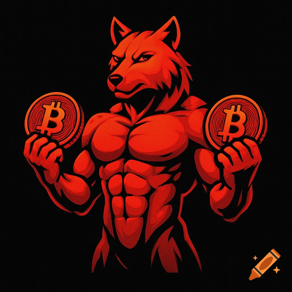 A bold, muscular red wolf logo on a black background, holding two Bitcoin coins in its paws.