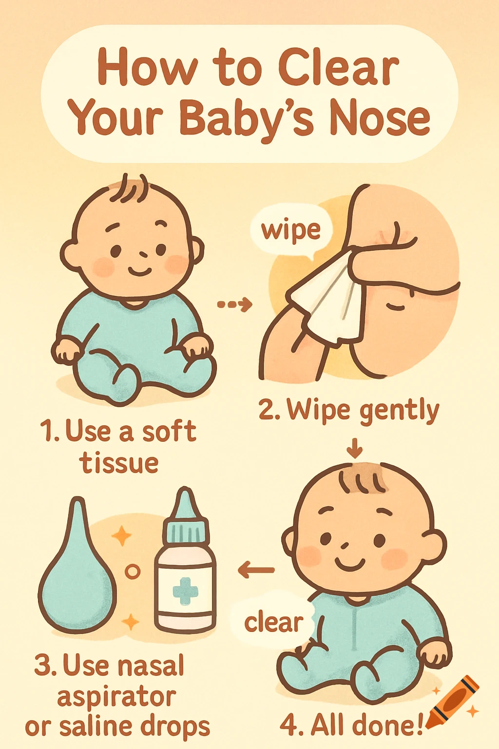 A four-step cartoon guide for parents on how to clear a baby's nose, featuring a baby, tissues, and nasal aspirator.