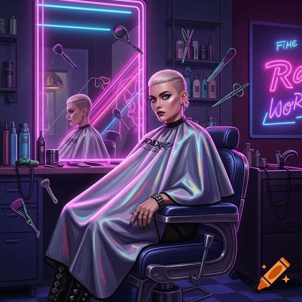 A woman with a buzzcut sits in a blue barber's chair in a vibrant, neon-lit cyberpunk salon with floating tools.