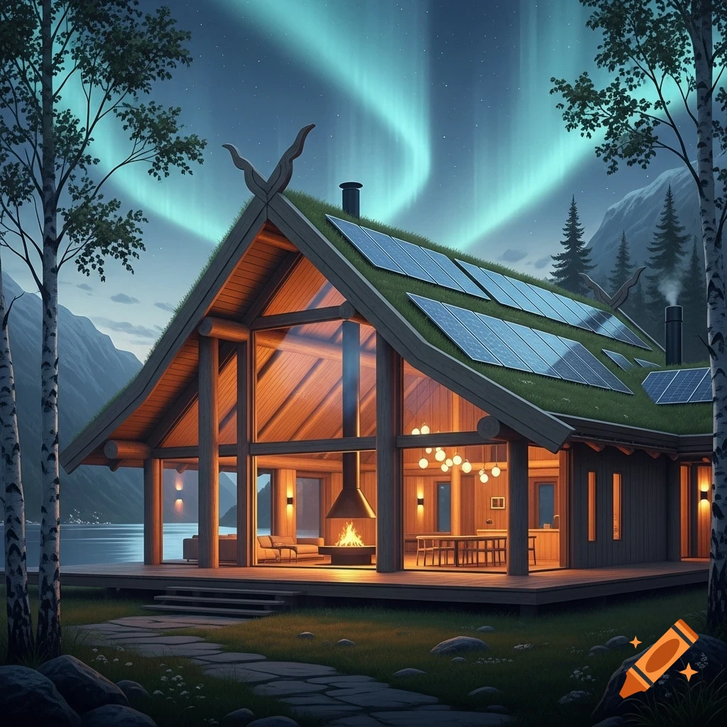 Modern A-frame house with a green roof, solar panels, and large windows by a lake. Northern Lights glow in the sky above mountains and birch trees.