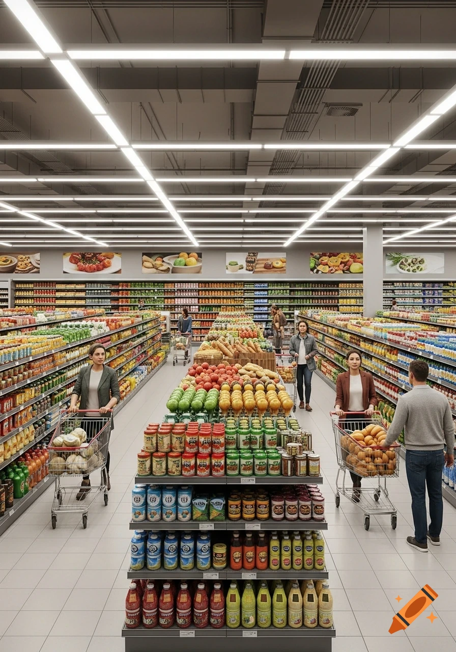 A photorealistic image of a busy supermarket interior with several shoppers, bright fluorescent lighting, and aisles stocked with products and fresh produce.