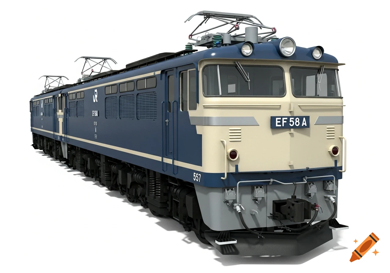3D rendering of a streamlined blue and cream Japanese electric locomotive with a flat front and two pantographs, against a white background.