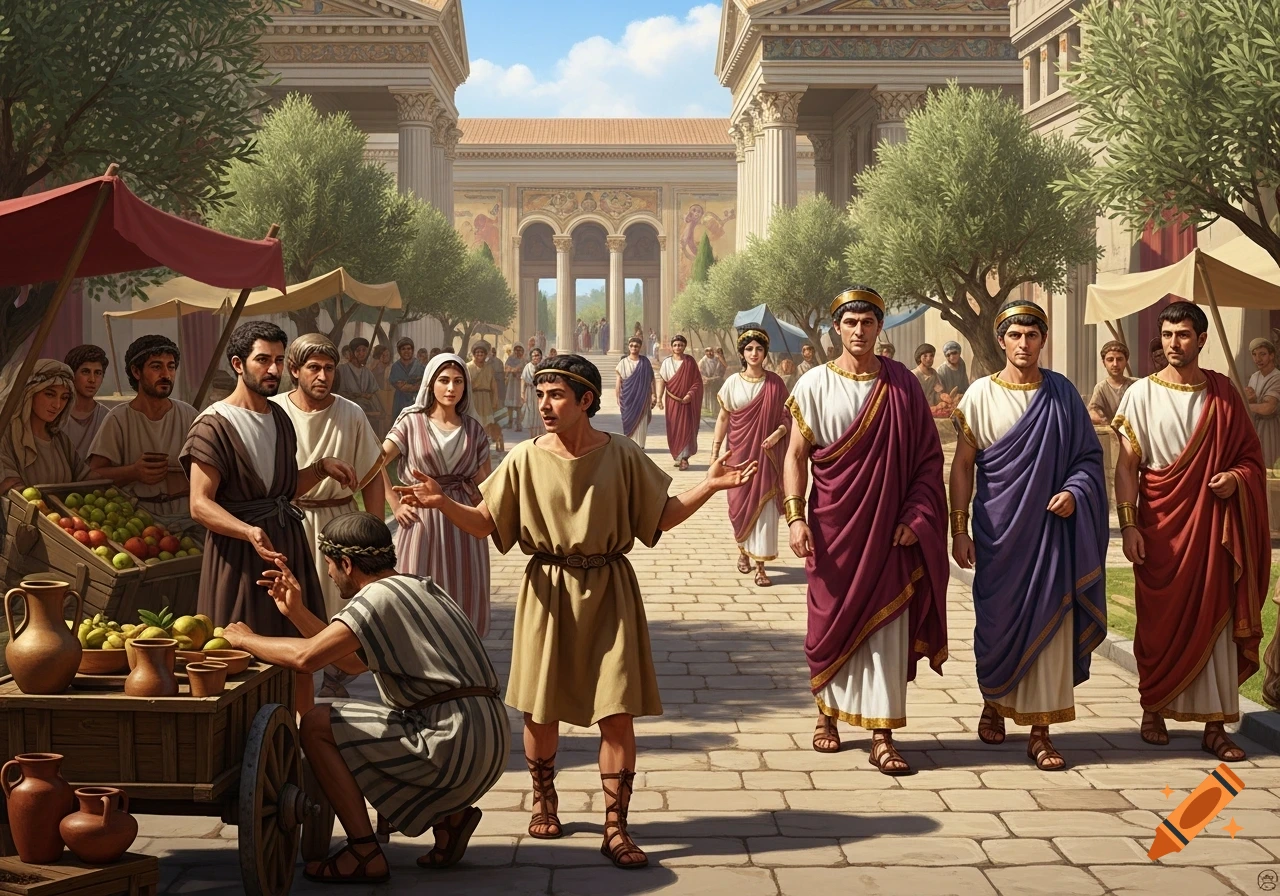 Ancient Roman marketplace scene with plebians and patricians interacting amidst fruit stalls and grand classical architecture.