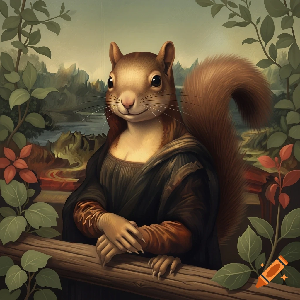A whimsical portrait of a smiling squirrel with a fluffy tail, wearing the Mona Lisa's dark gown, against a serene landscape background, in a painterly style.