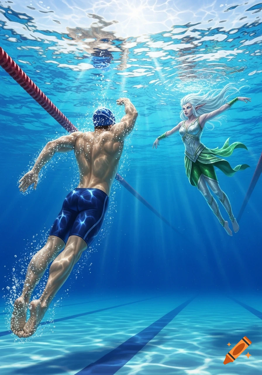 A muscular male swimmer and a white-haired elf float gracefully underwater in a sunlit swimming pool, digital art.
