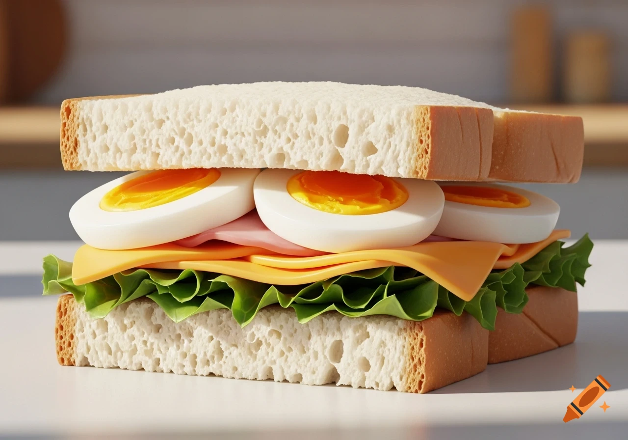 A close-up of a sandwich with white bread, sliced hard-boiled eggs, yellow cheese, and green lettuce leaves.
