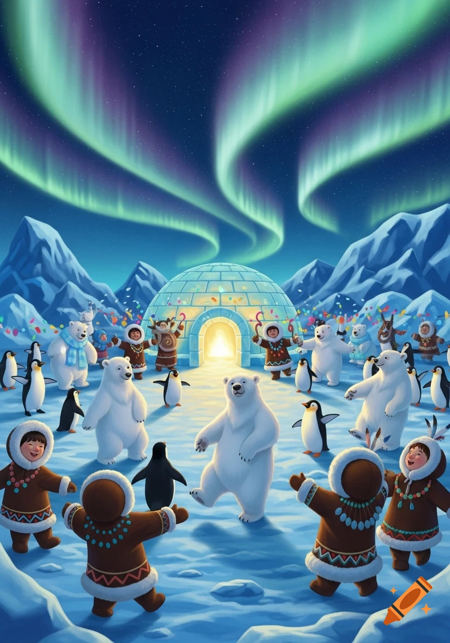 Colorful illustration of polar bears, penguins, and eskimo children dancing at a lively arctic party under a vibrant aurora borealis and a glowing igloo.