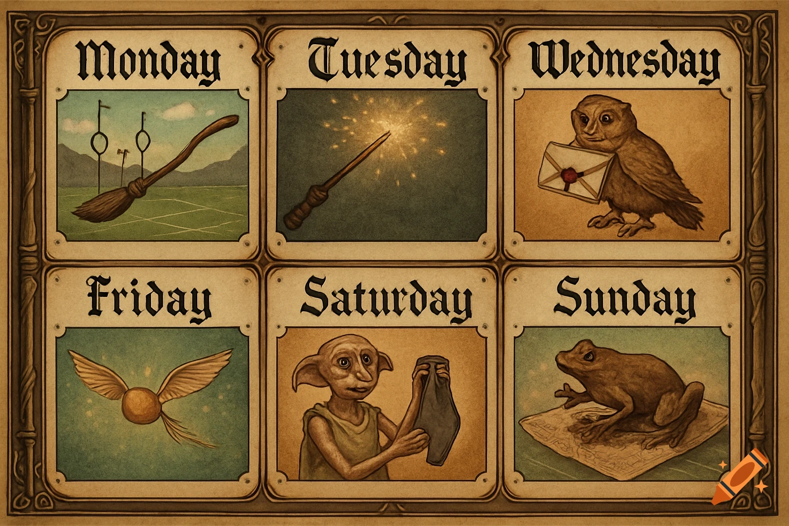 A Harry Potter themed weekly schedule with six parchment cards displaying Monday, Tuesday, Wednesday, Friday, Saturday, and Sunday, each with a corresponding magical item or creature.