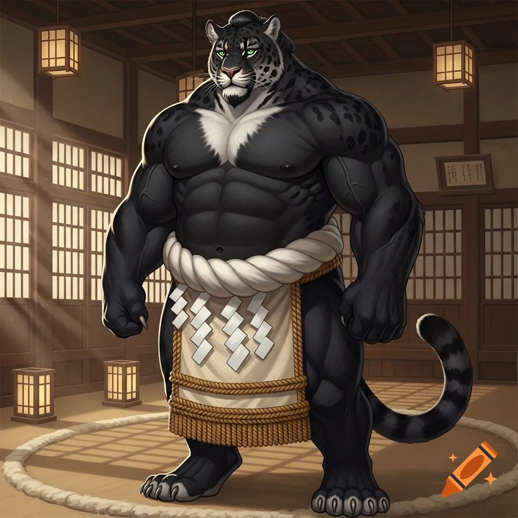 A muscular, black anthropomorphic jaguar with green eyes and white markings, wearing a sumo wrestler's belt, stands in a traditional Japanese dojo.