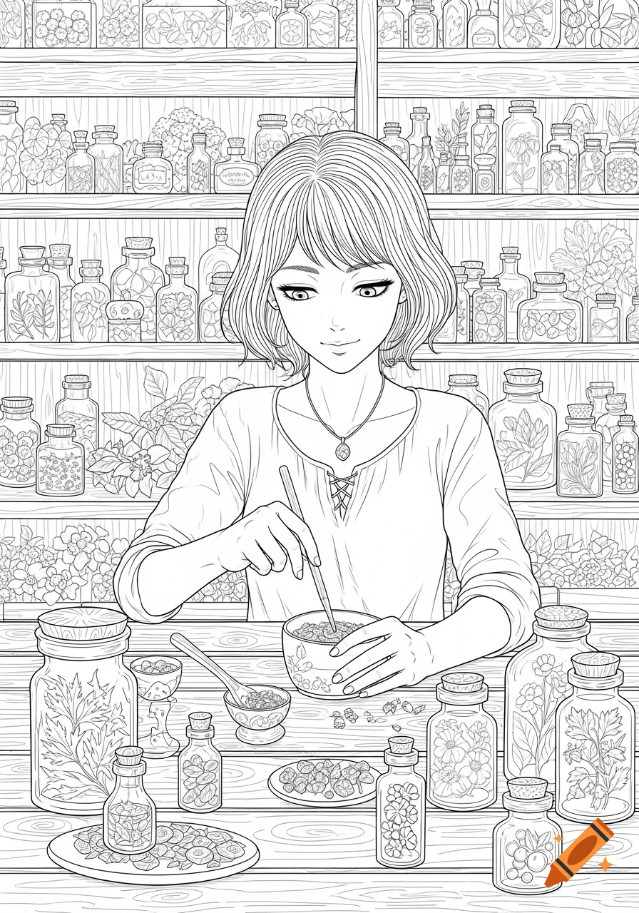 Anime-style line art of a young female herbalist mixing magical herbs at a wooden table, surrounded by bottled ingredients.