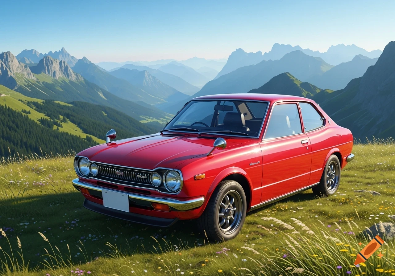 A red 70s classic coupe car on a grassy hillside with distant mountains under a clear blue sky.
