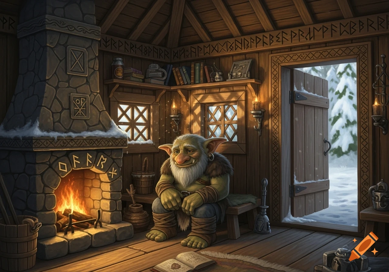 A friendly-looking troll with a white beard sits on a bench by a fireplace in a cozy, rustic cabin, looking out at a snowy landscape through an open door.