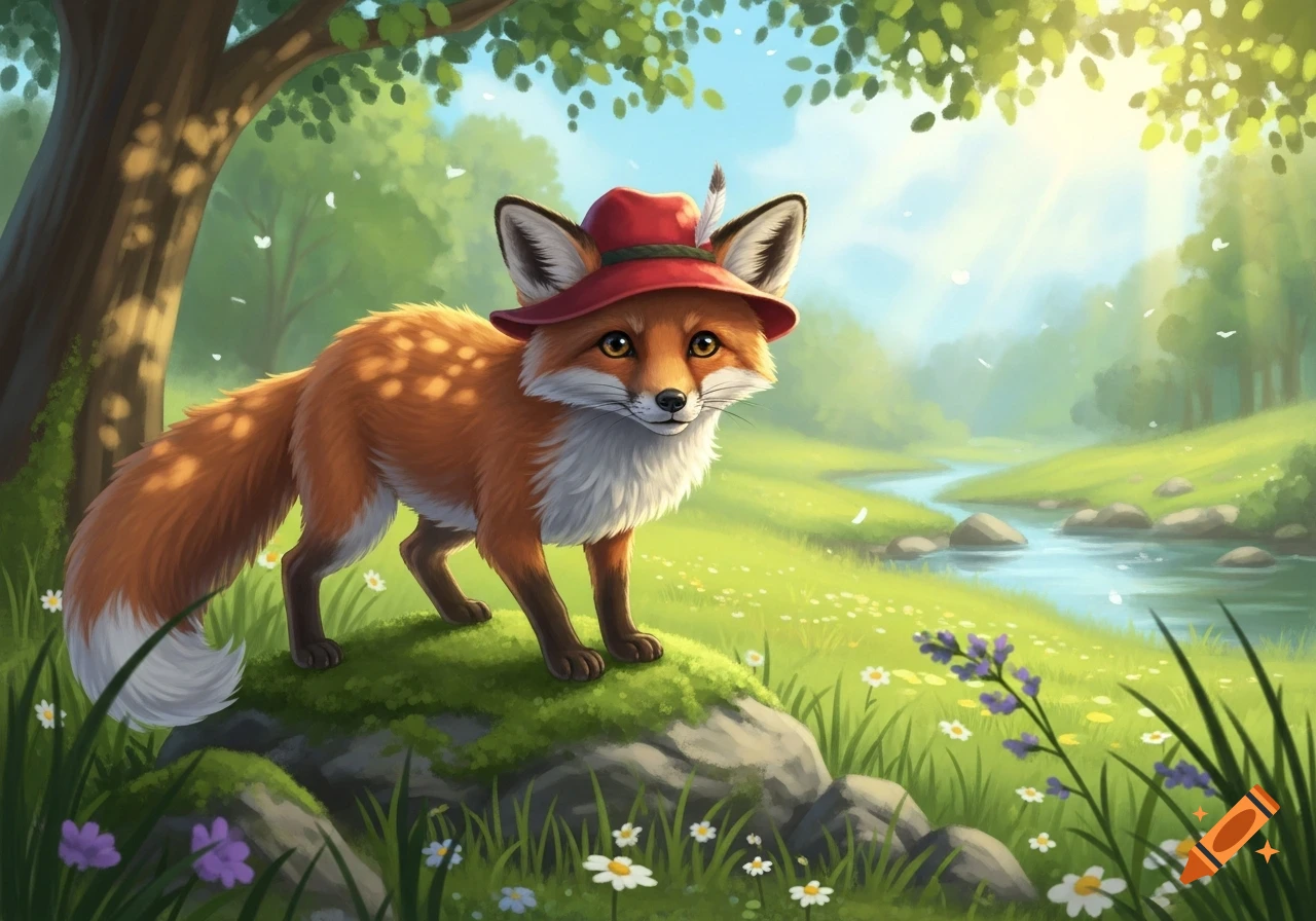 A cute fox with a red hat stands on a mossy rock in a sunny forest with ...