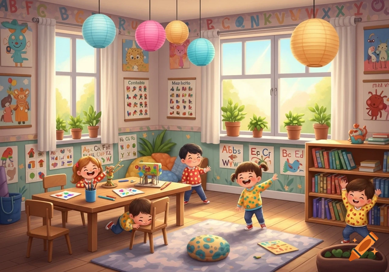 Bright, colorful illustration of kindergarten students playing in a classroom with desks, chairs, bookshelves, and large windows.