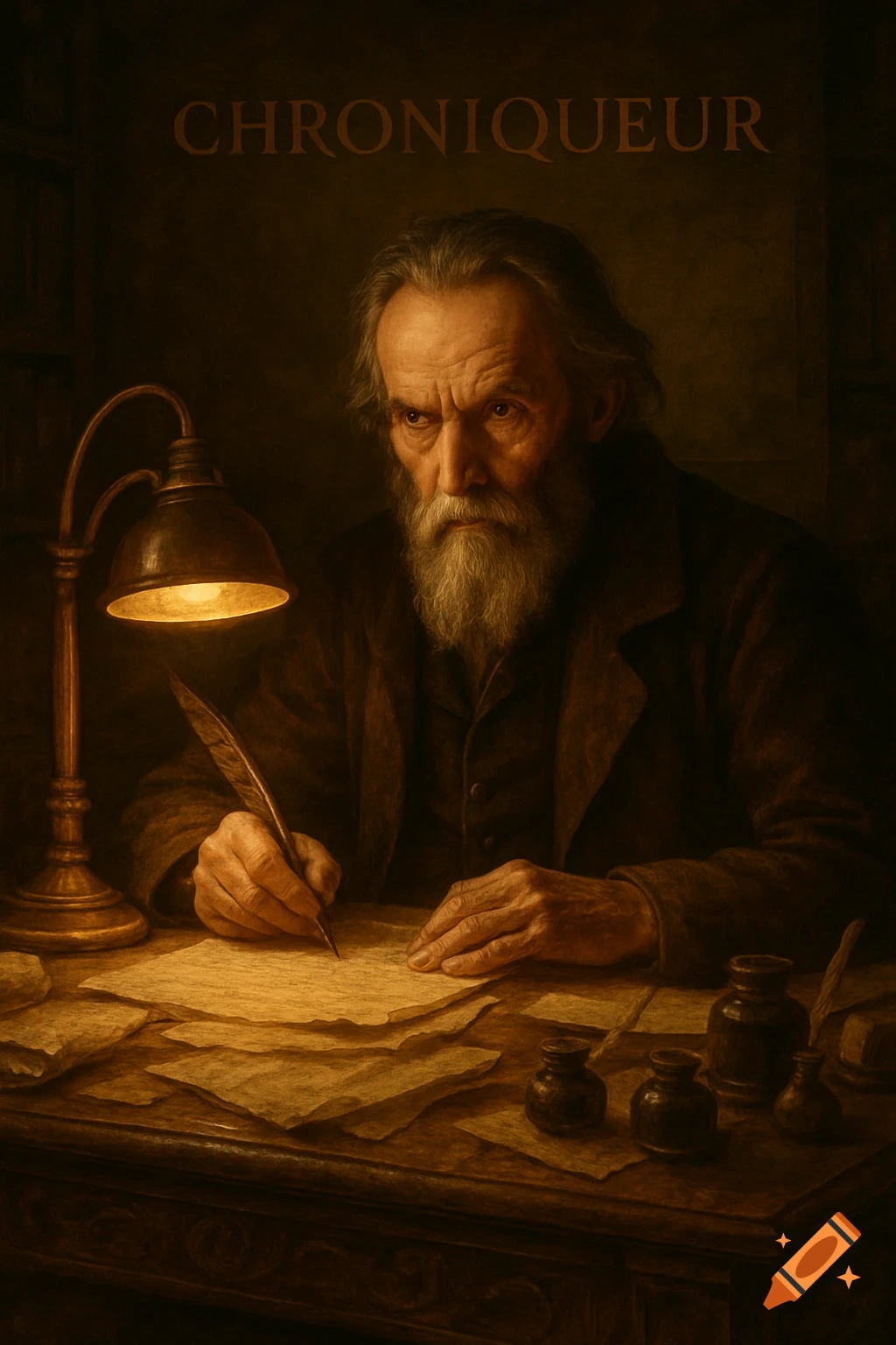 A grizzled old man with a long beard intently writes with a quill at a wooden desk, illuminated by a warm desk lamp. The word 'CHRONIQUEUR' is above.