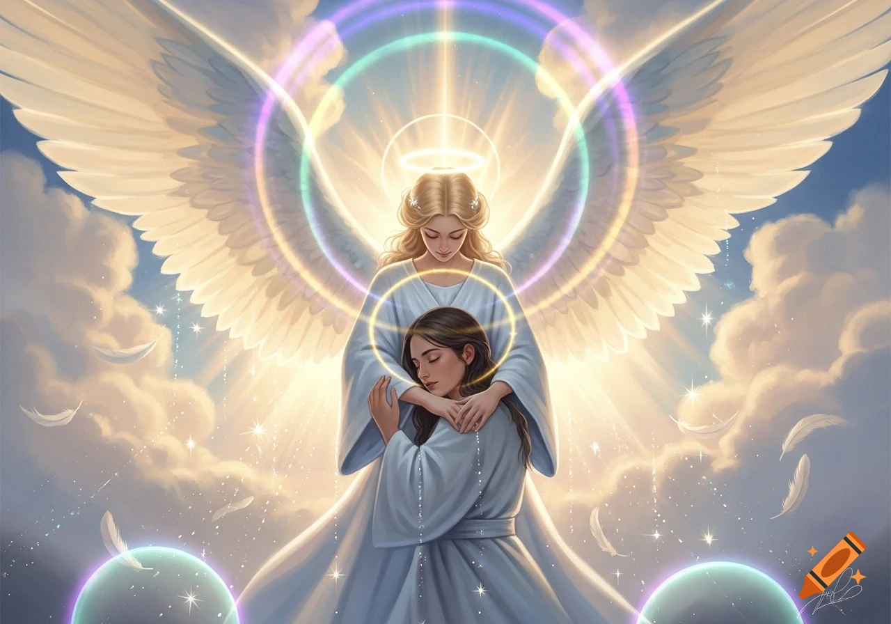A blonde angel with large wings gently embraces a brunette woman surrounded by glowing halos, ethereal light, clouds, and floating feathers.