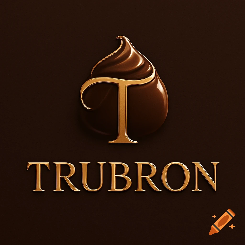 A logo featuring a golden 'T' stylized as a chocolate drip, above the golden word "TRUBRON" on a dark brown background.