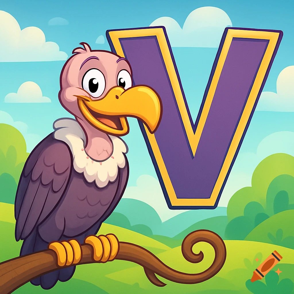 Friendly cartoon vulture perched on a branch next to a large purple and yellow letter V, against a bright sky and hills.