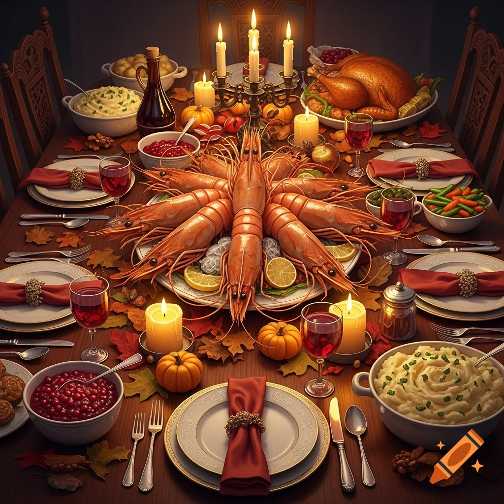 A festive Thanksgiving dinner table featuring a roasted turkey, mashed potatoes, and a centerpiece of giant prawns.