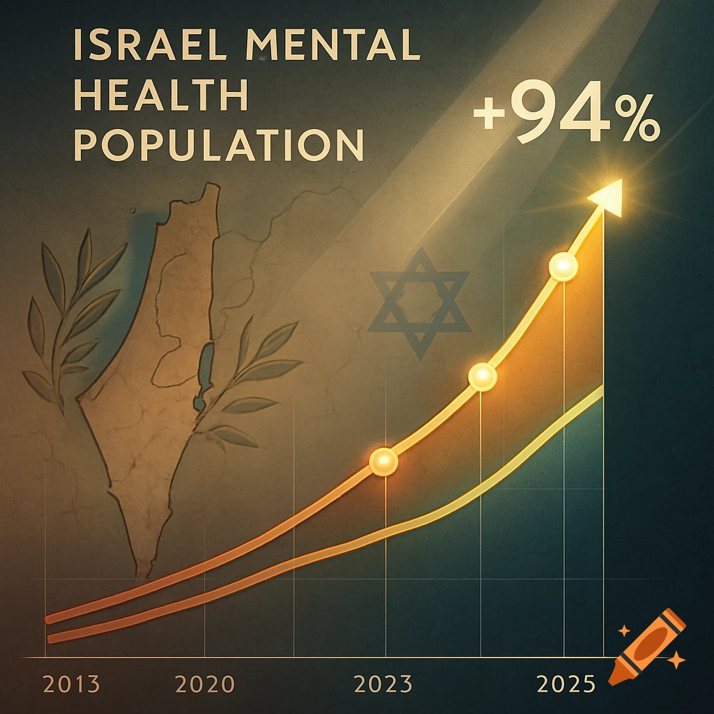 Infographic showing Israel's mental health population increasing by 94% from 2013-2025, with a map of Israel and a Star of David.