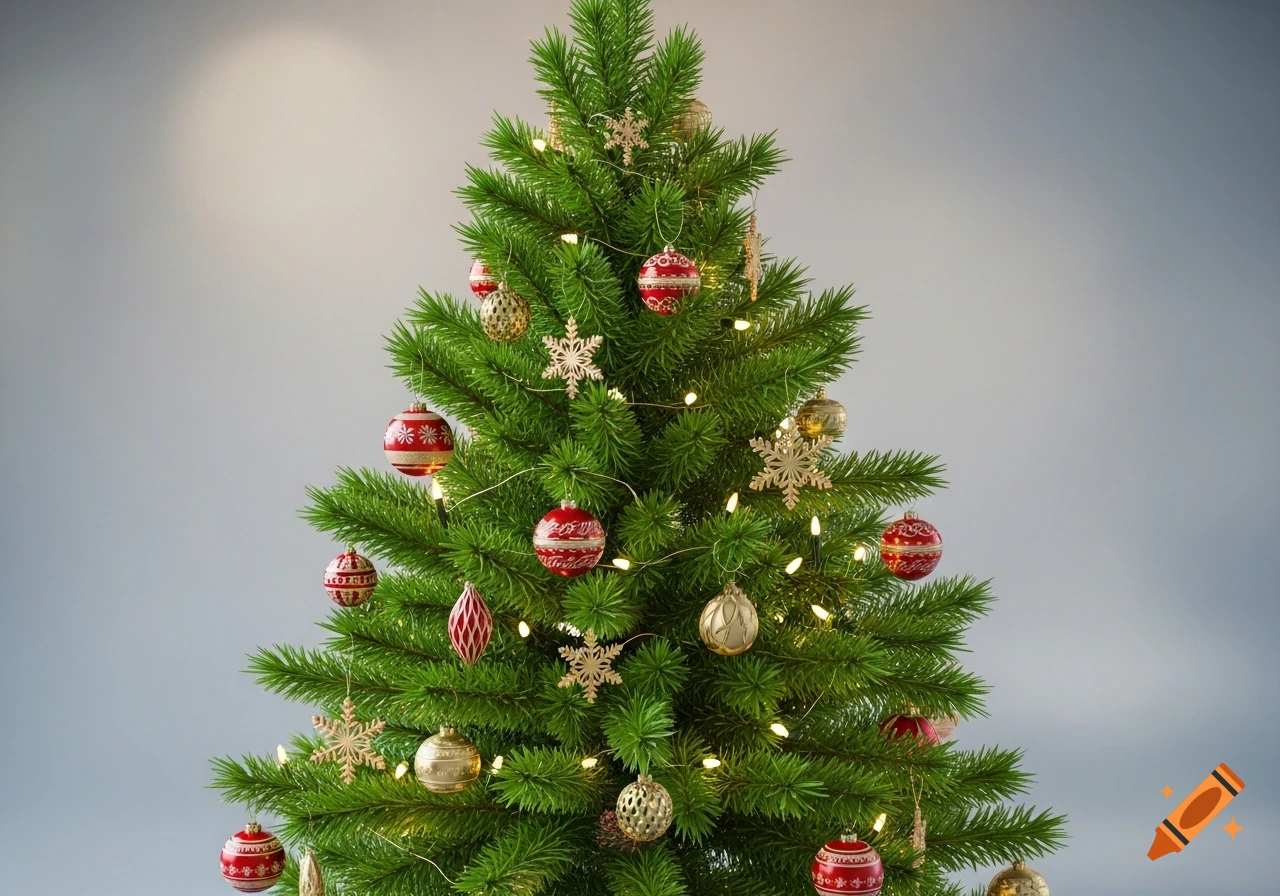 A full, green Christmas tree decorated with red and gold baubles, snowflake ornaments, and string lights, set against a plain grey background.