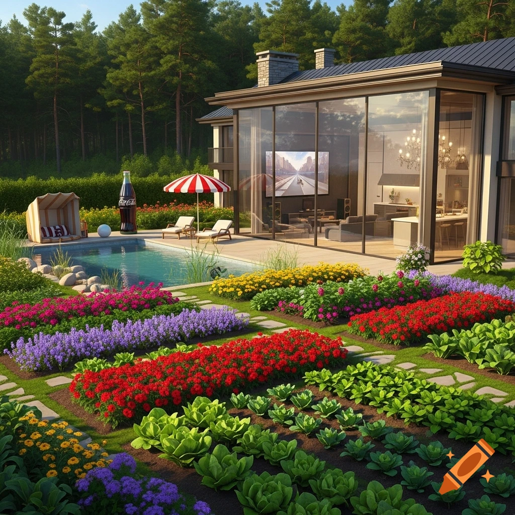 A modern glass-front house with a pool and lush garden featuring colorful flowers and vegetables, backed by a dense forest.