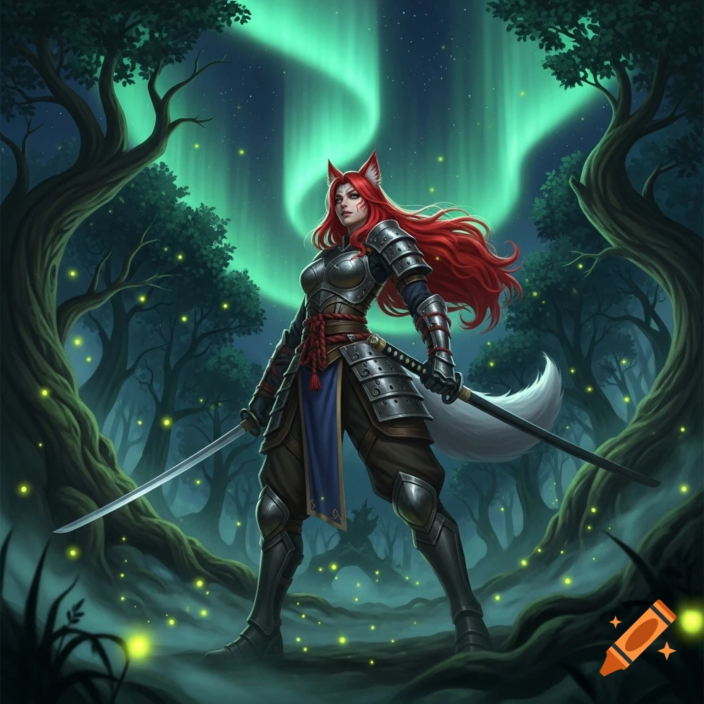 A red-haired kitsune warrior in silver armor dual-wielding katanas in a misty dark forest under a green aurora. Digital fantasy art.