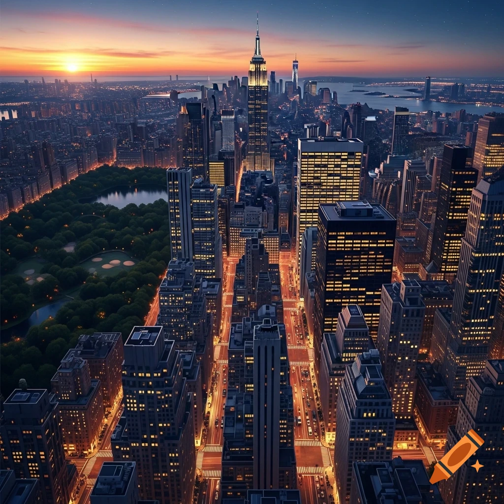Aerial photorealistic view of New York City at sunset, with the Empire State Building, Central Park, and illuminated skyscrapers and streets.