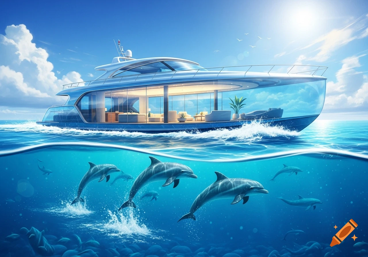 A futuristic yacht with a transparent hull floats on a blue ocean as dolphins leap from the water and swim below.