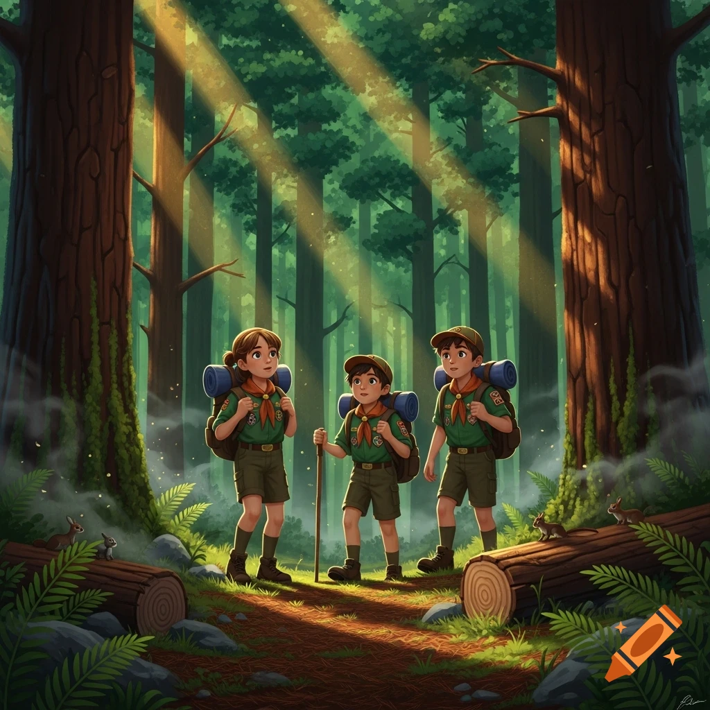 Three young scouts with backpacks stand on a path in a sun-dappled forest, one holding a walking stick.