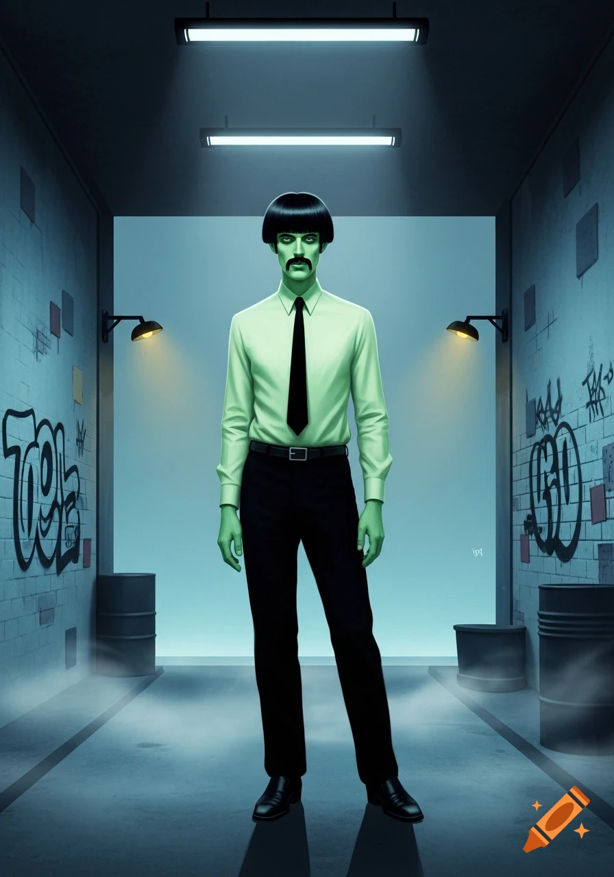 A pale green man with a black bowl cut and mustache, wearing a white shirt and black tie, stands in a foggy alleyway with graffiti.