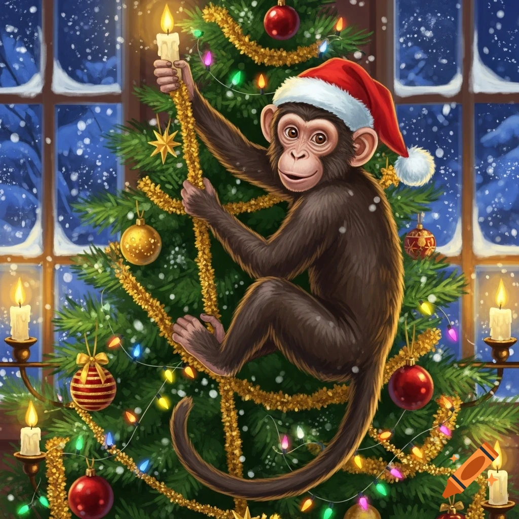 A cartoon monkey in a Santa hat climbs a festive Christmas tree adorned with lights and ornaments, with a snowy window in the background.