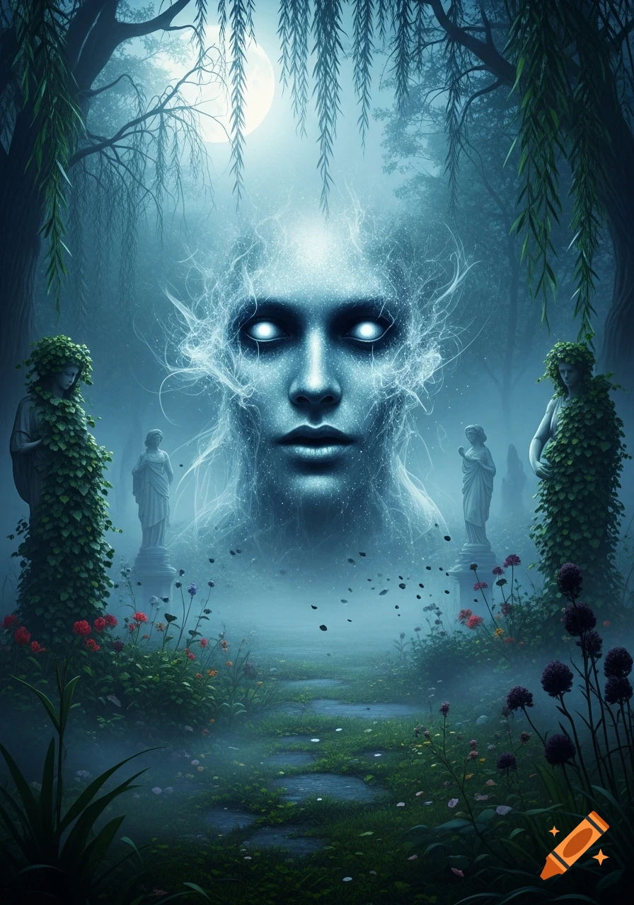 A glowing, ethereal face with bright white eyes hovers in a mystical, foggy forest with a full moon, weeping willows, statues, and flowers along a path.
