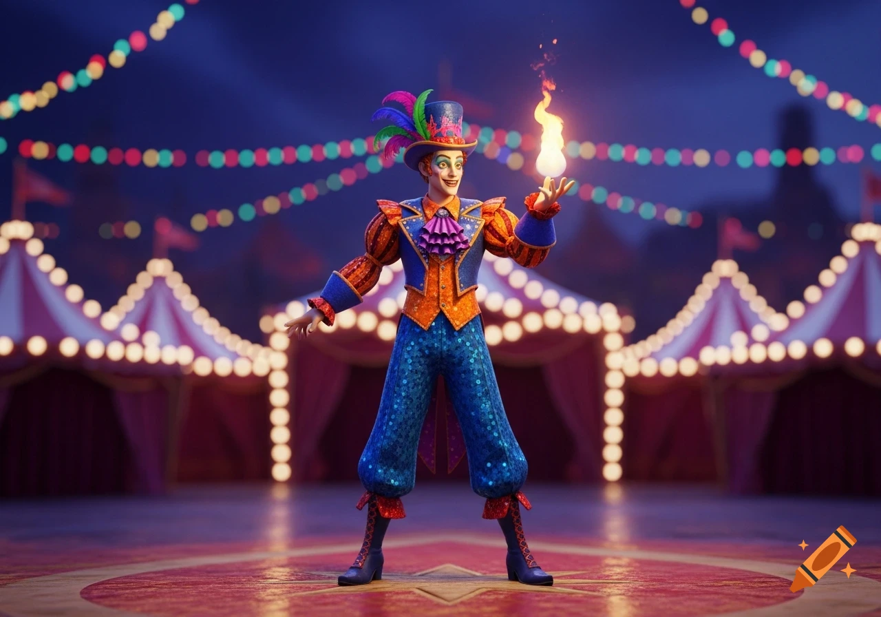 A colorful circus performer in a jester-like costume with a feathered top hat, holding a ball of fire, standing on a stage in a circus tent setting with string lights.