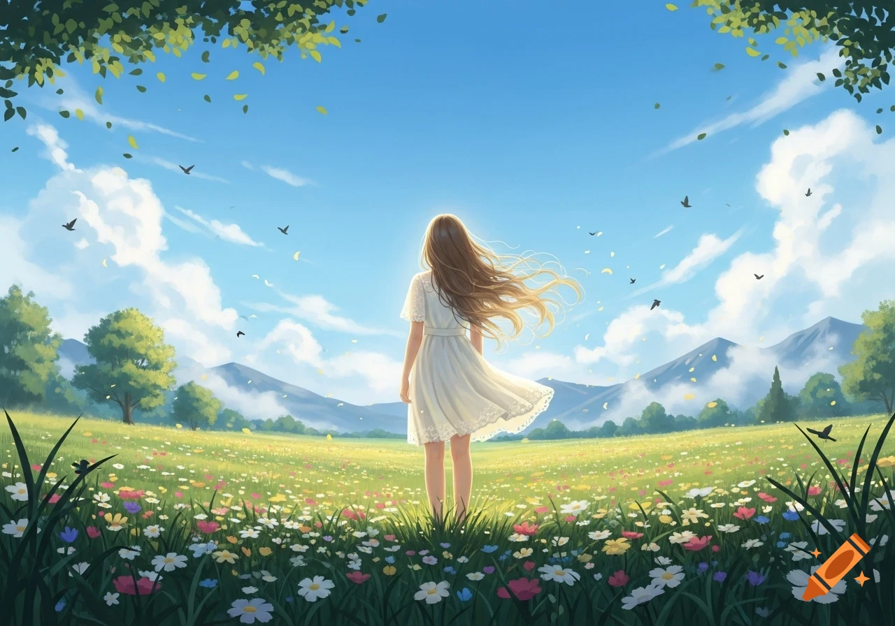 An illustration of a young woman in a white dress standing in a vibrant wildflower meadow, gazing at mountains under a blue sky.