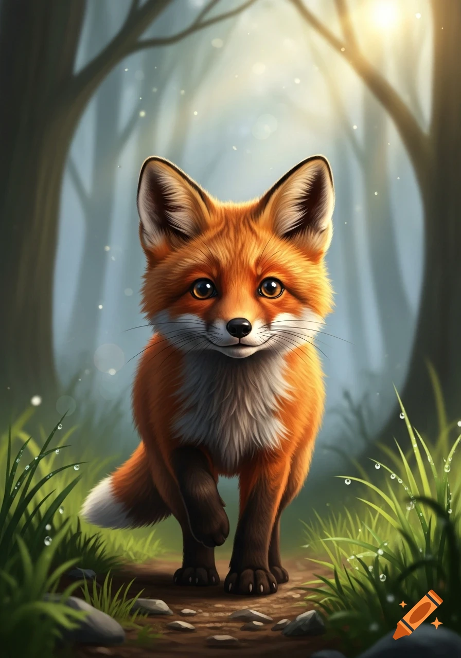 A cute, fluffy fox with orange and white fur stands on a forest path, looking forward. Sunlight filters through the trees.