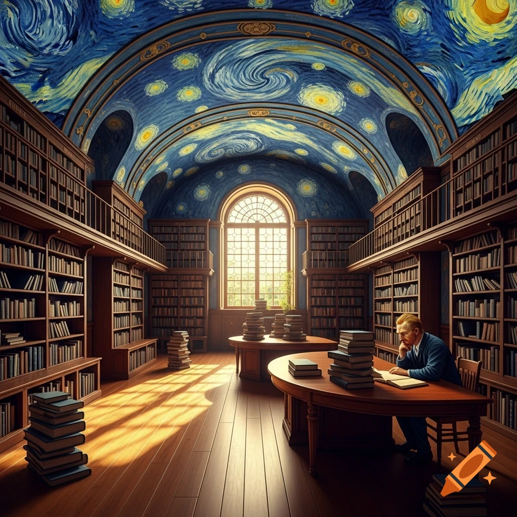 A man reads at a table in a grand library with tall wooden bookshelves and an arched ceiling painted in a swirling blue and yellow Van Gogh Starry Night style.