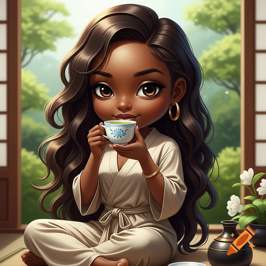 Chibi dark-skinned woman with long brown hair, in a kimono, sitting and drinking matcha tea in a serene room with shoji screens.