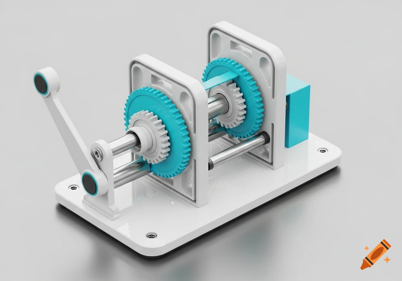 A 3D render of a white and blue hand-operated unwinder/rewinder machine with gears and a lever, on a gray surface.