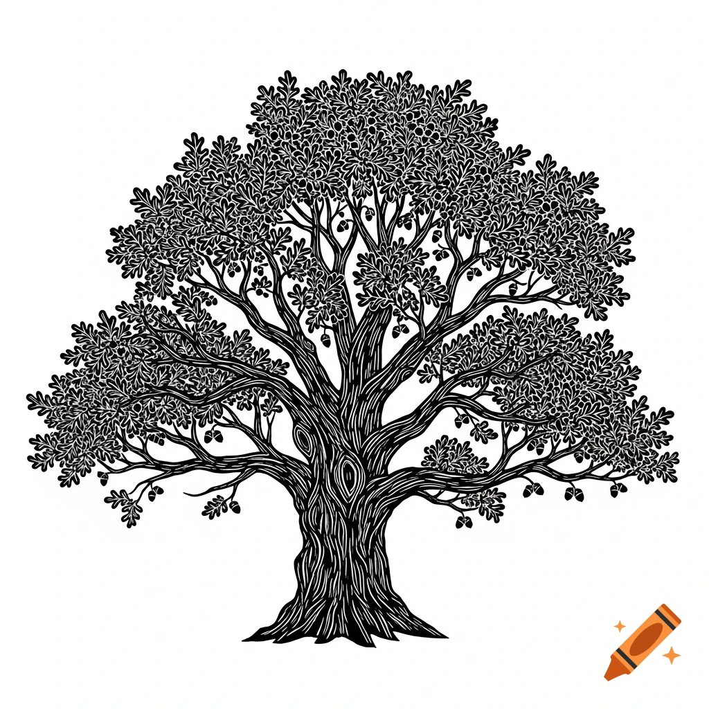 Black and white block print illustration of an old oak tree with a thick trunk and dense foliage.