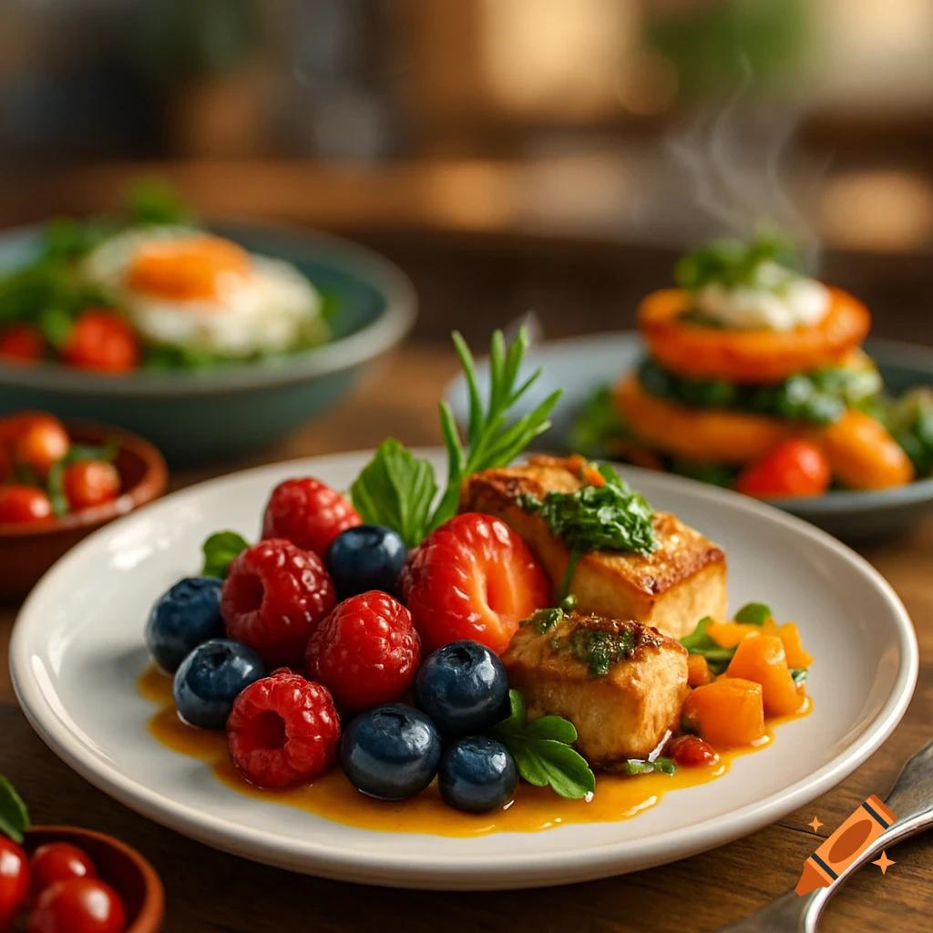 A close-up shot of a plate with cooked tofu or paneer, raspberries, blueberries, and strawberries in a sauce, with other dishes blurred in the background on a wooden table.