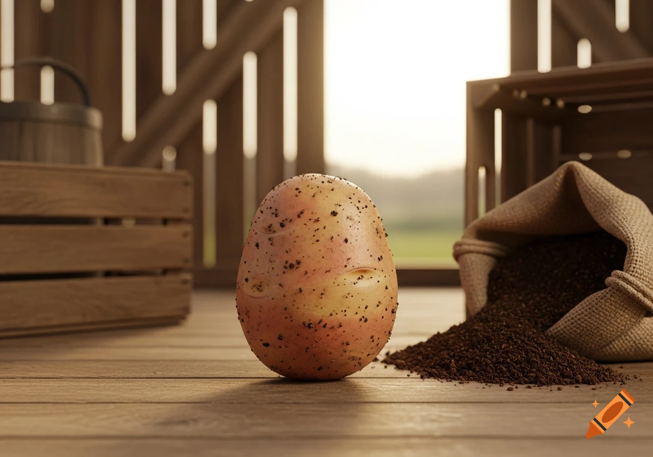 A single potato covered in dirt sits on a wooden floor, next to a burlap sack spilling more dirt, inside a rustic barn with sunlight.