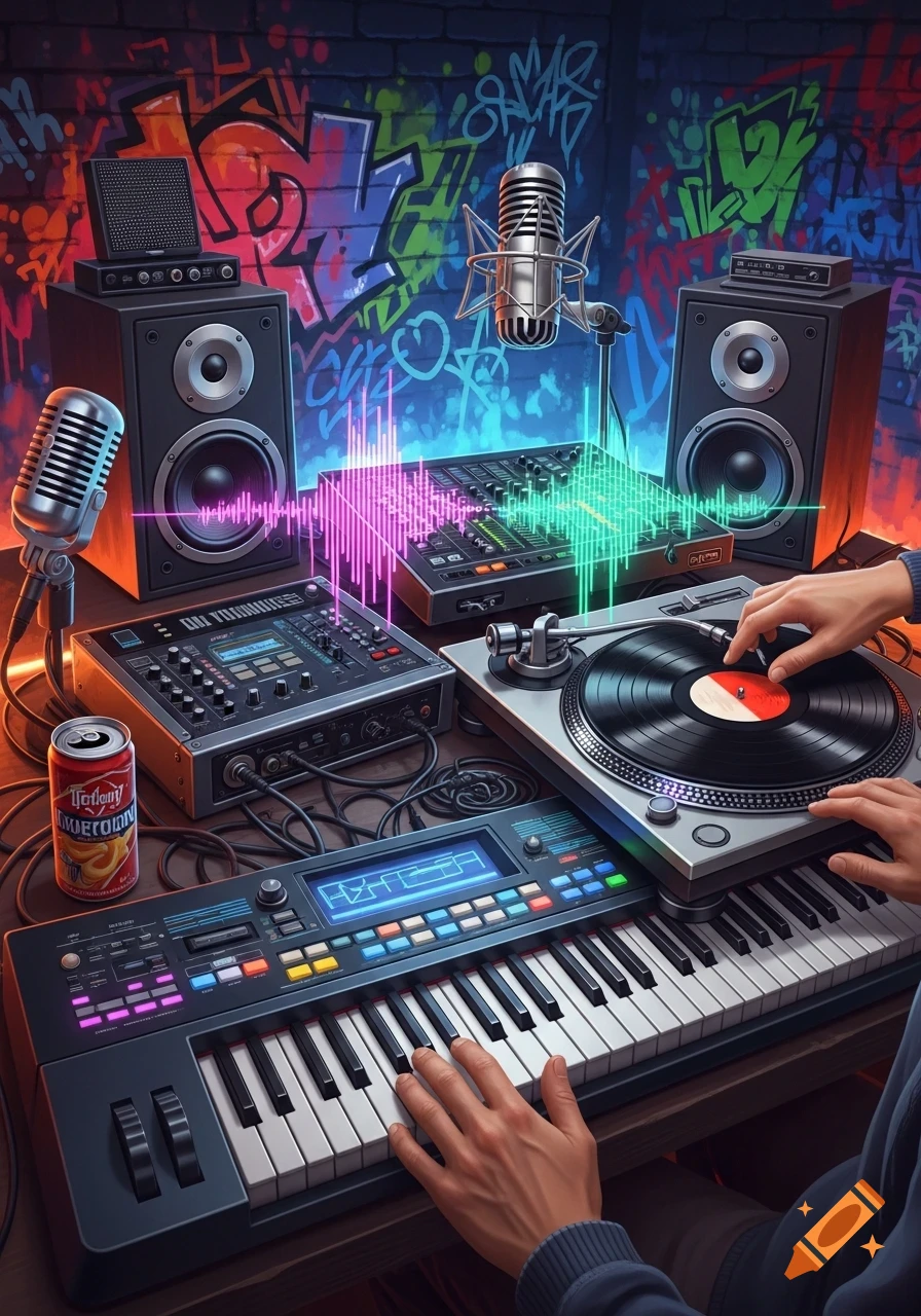 Hands playing a keyboard and turntable in a vibrant music studio with speakers, microphones, mixers, and graffiti art on the wall.