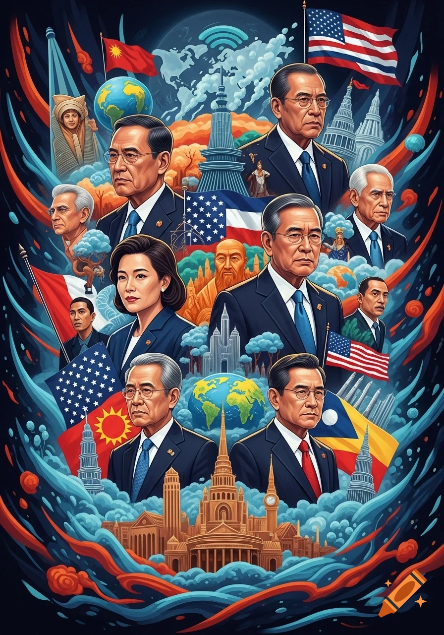 Digital illustration of many world leaders, national flags, globes, and landmarks representing global politics.