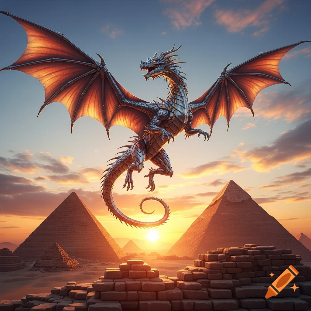 A metallic dragon with large wings flies over ancient pyramids during a vibrant sunset.